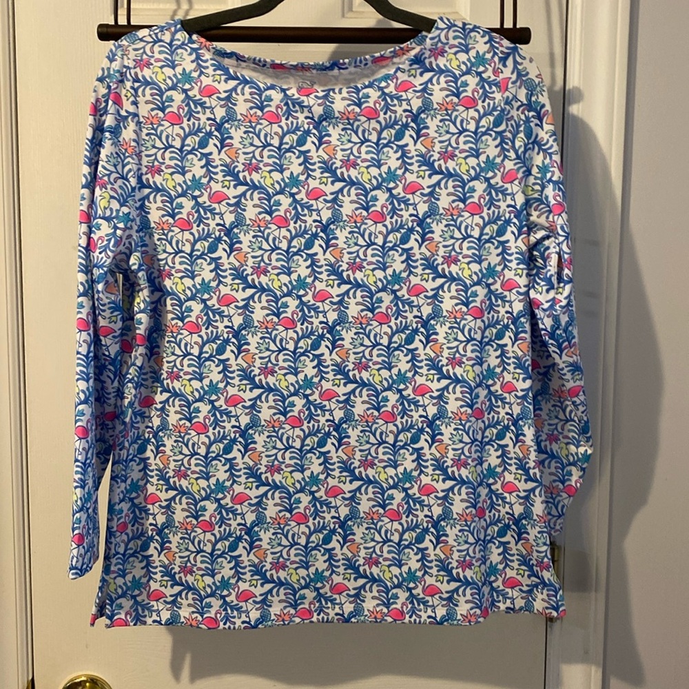 Vineyard Vines Boatneck Tee- Otomi Bimini Blue, EUC, flamingos